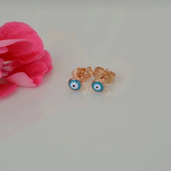 Stud Earrings 18k Gold Plated Blue Evil Eye - Picture 5 of 11